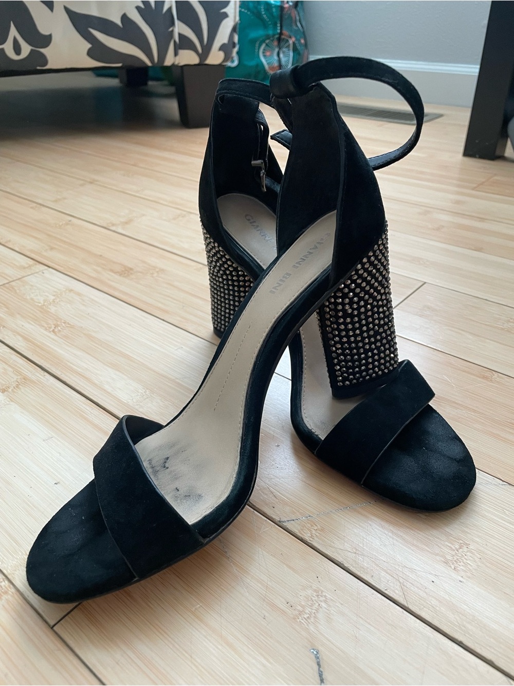 Gianni Bini Black Suede Ankle-Strap Block Heel Sandals with Studded Heel